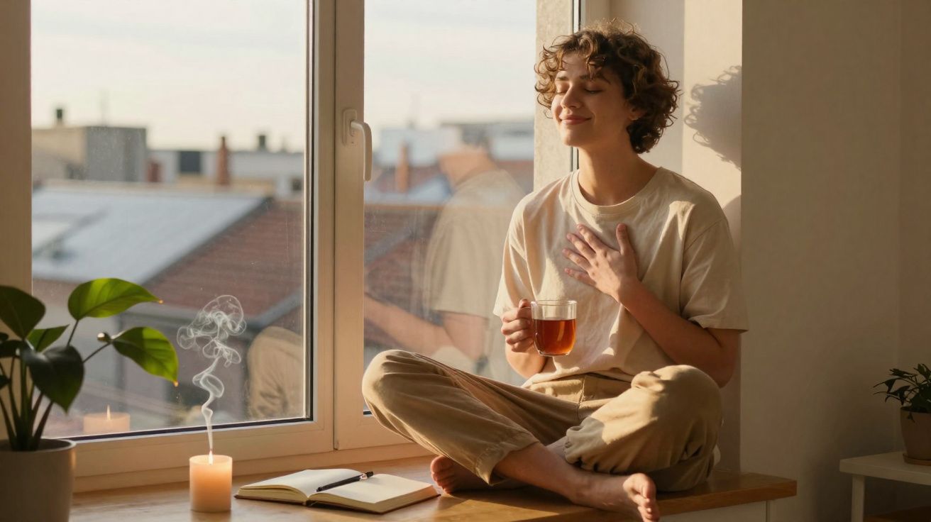 Mulher sentada junto à janela, a segurar chá, rodeada por plantas, velas e um caderno aberto.