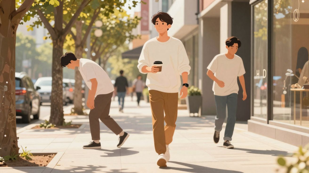 Jovem a caminhar numa rua urbana com uma bebida na mão, rodeado por árvores e outras pessoas.