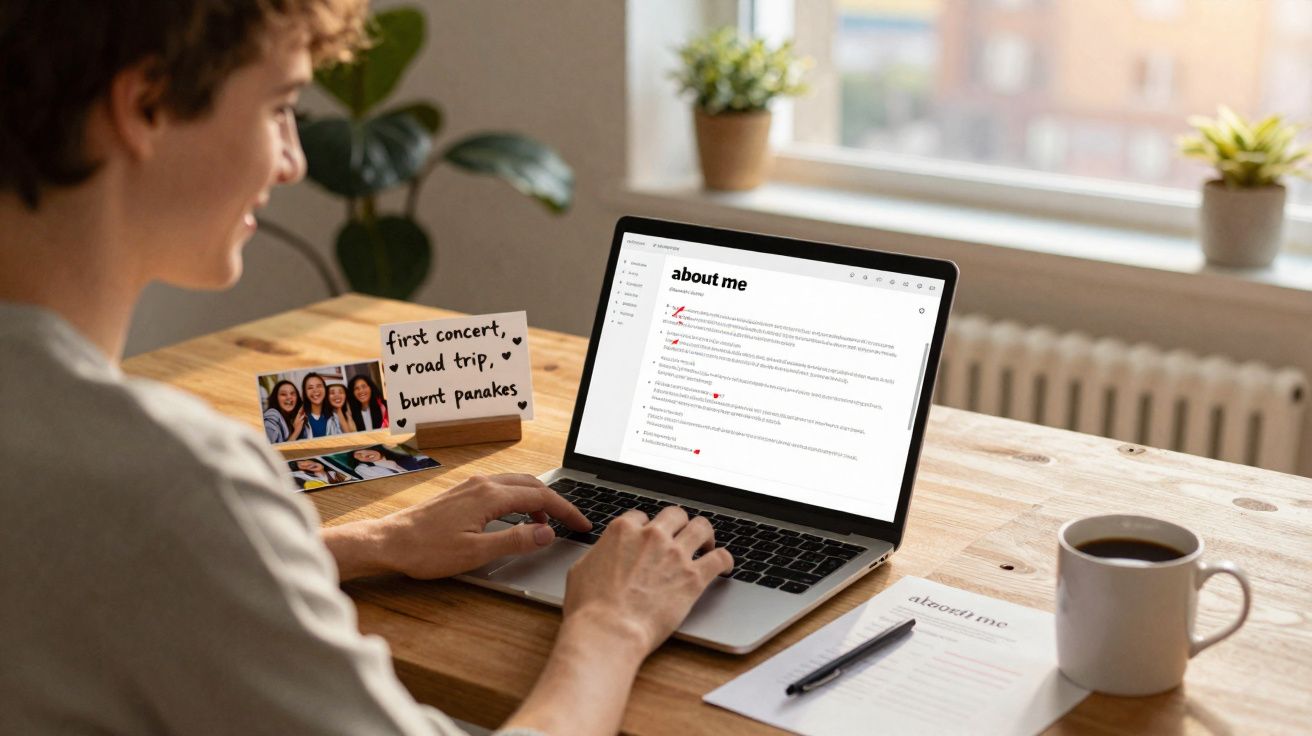 Pessoa a digitar numa página "about me" num portátil numa mesa de madeira com caneca e notas pessoais.