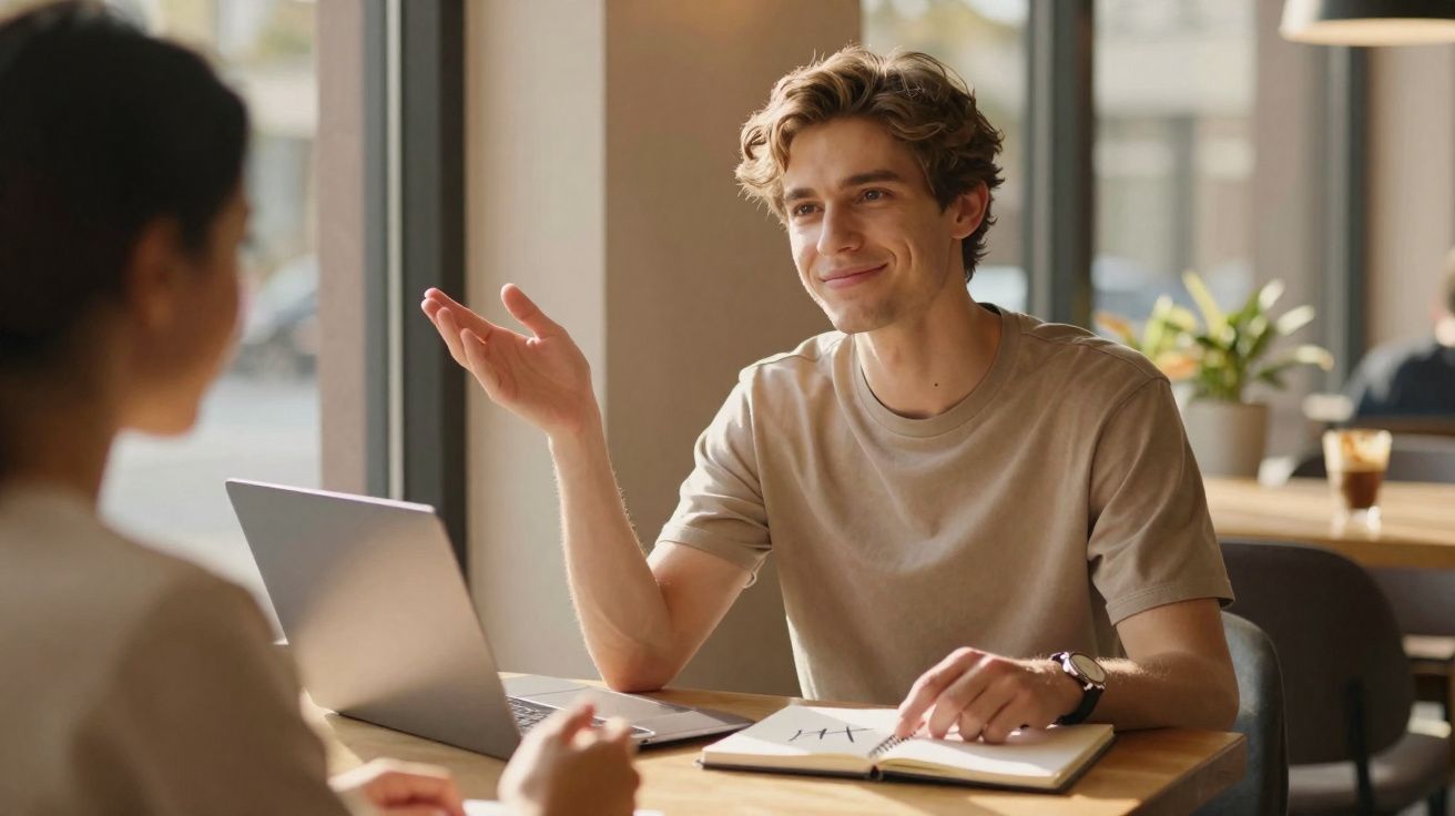 Jovem conversando com outra pessoa em café, com computador e caderno sobre a mesa.