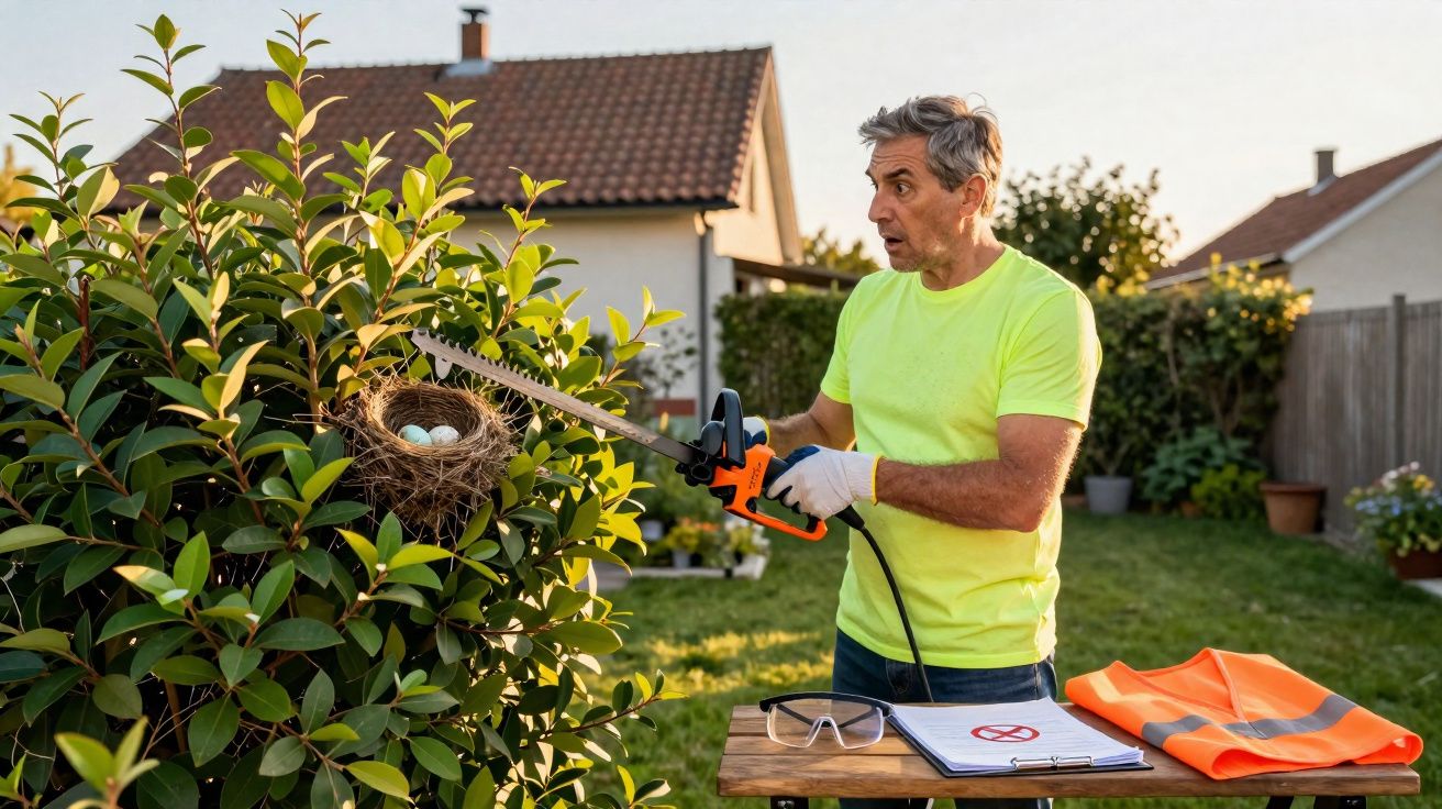 Homem surpreendido ao tentar cortar um ninho com ovos numa árvore no jardim de casa.