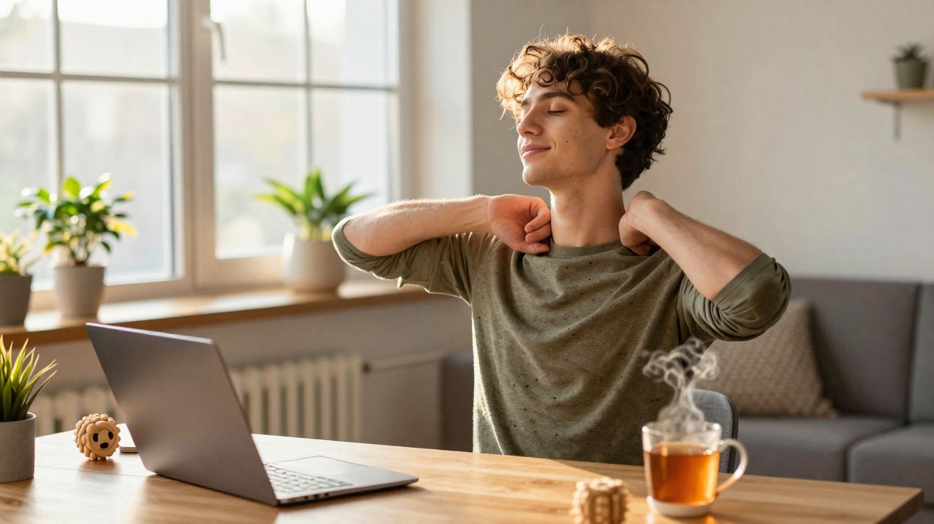 Jovem sentado a trabalhar num computador, a esticar os braços e a relaxar junto a uma chávena de chá quente.