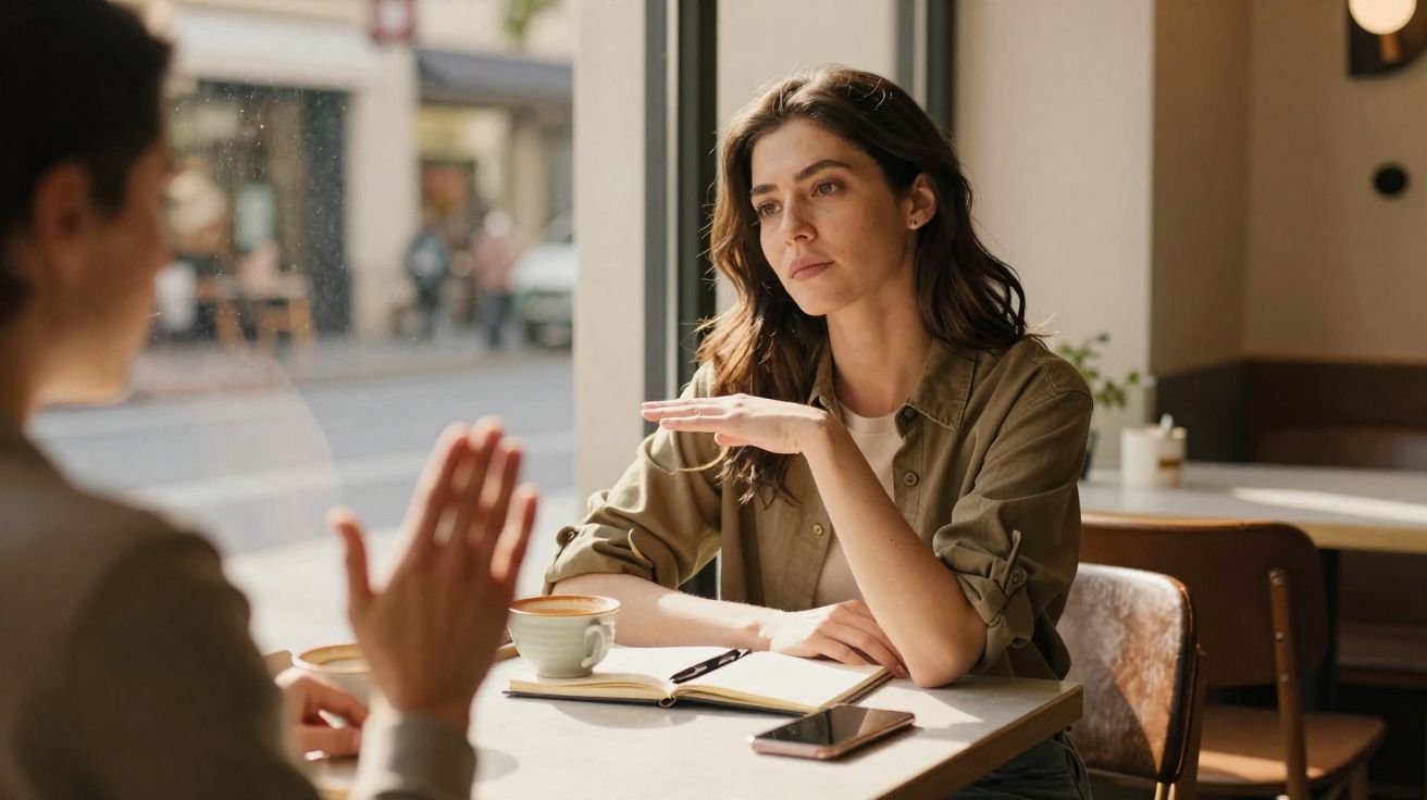 Duas mulheres discutem com expressão séria numa cafetaria junto à janela, com caderno e telemóvel na mesa.