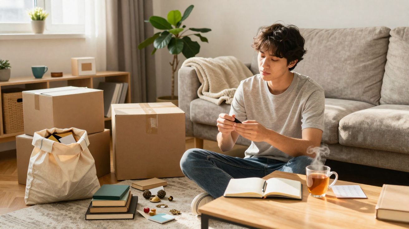 Jovem sentado no chão rodeado de caixas, a organizar objetos com caderno aberto e chá numa mesa.