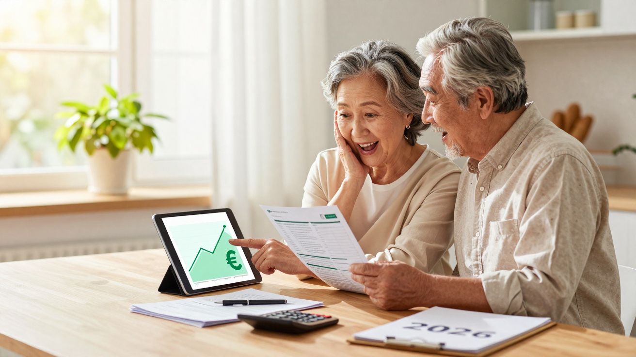 Casal sénior a analisar documentos e gráfico financeiro num tablet, visivelmente felizes com os resultados.