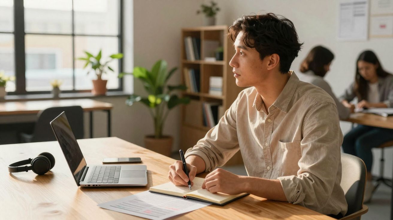 Homem jovem a escrever num caderno enquanto está numa mesa com computador portátil numa sala iluminada.