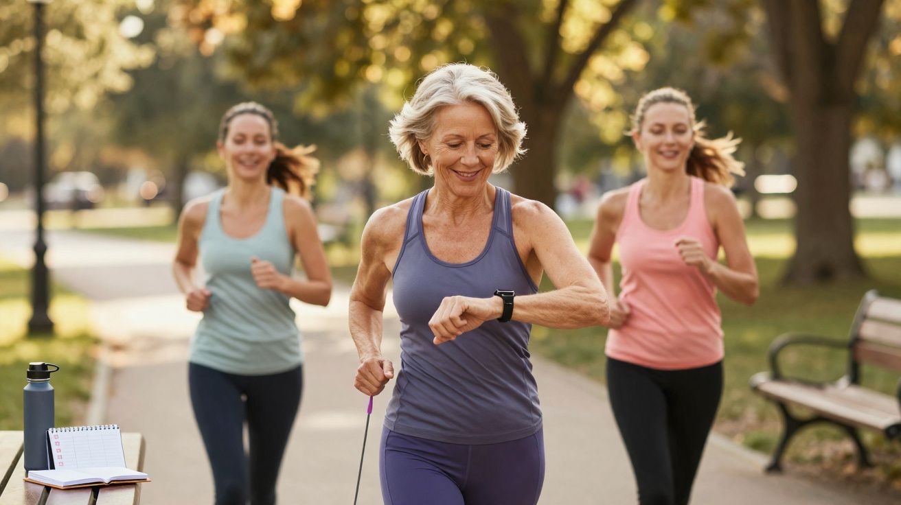 Mulher sénior a correr e a olhar para o relógio inteligente, acompanhada por duas mulheres mais jovens num parque.