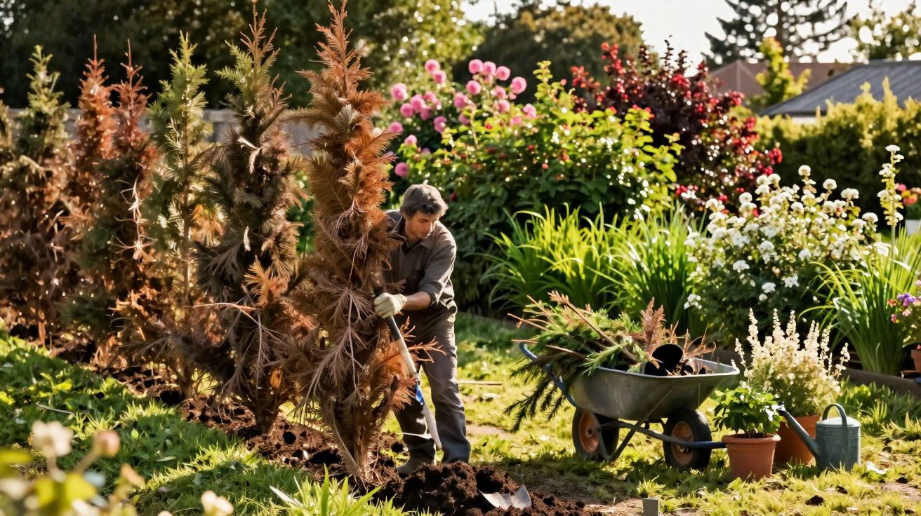 Homem a plantar árvores secas num jardim florido com carrinho de mão e ferramentas de jardinagem.