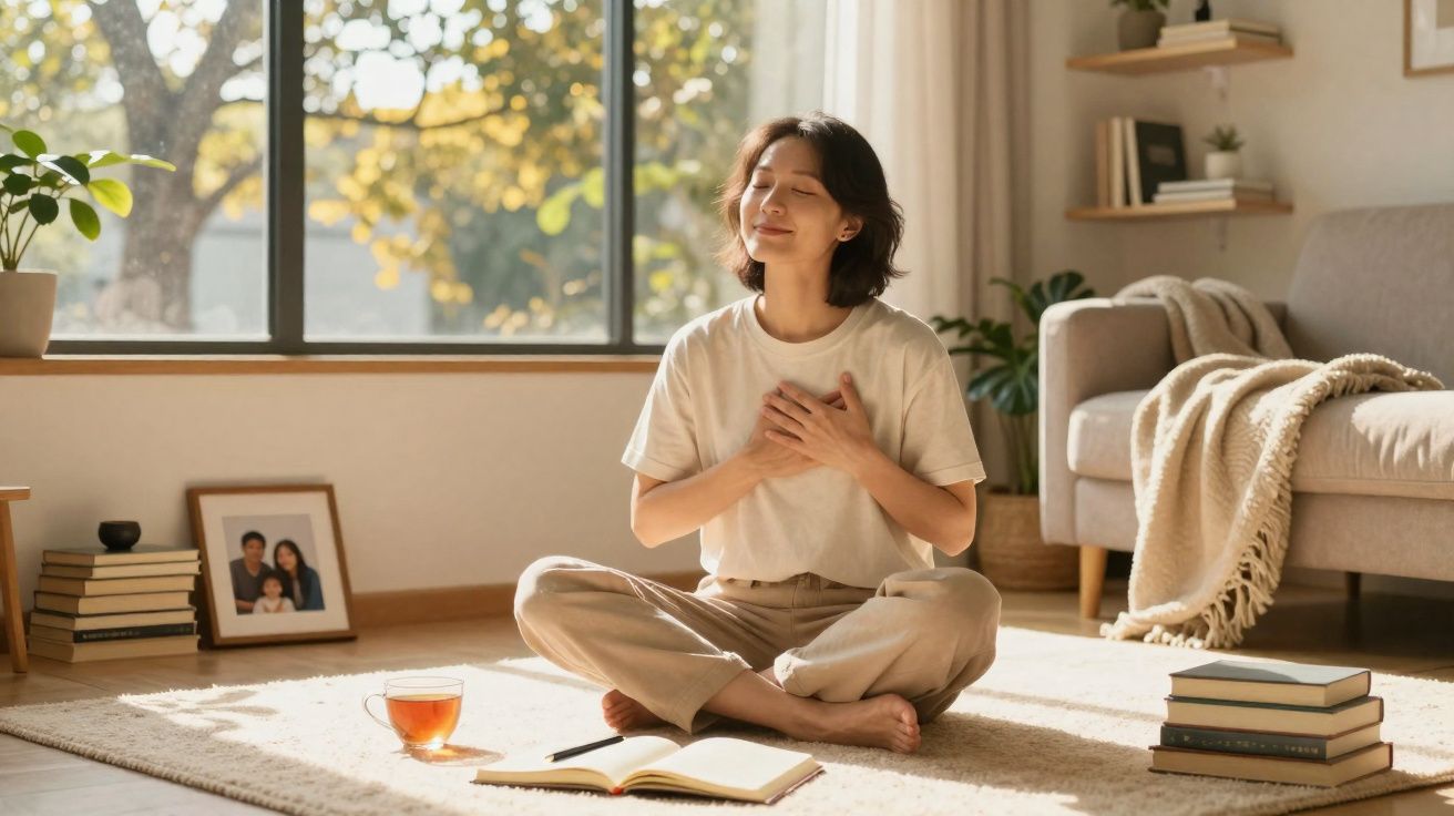 Mulher sentada no chão com as mãos no peito, olhos fechados, rodeada de livros e chá num ambiente acolhedor.