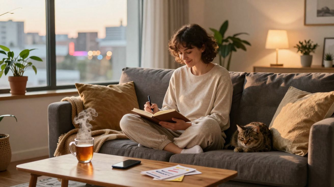 Mulher sentada no sofá a escrever num caderno, com um gato ao lado e chá fumegante numa mesa de madeira.