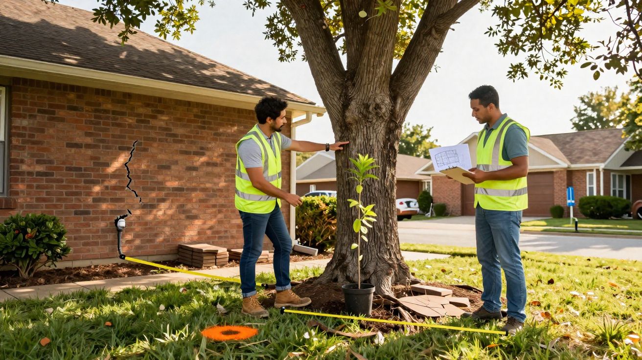 Dois técnicos com coletes refletivos medem a área em torno de uma árvore grande junto a uma casa com parede rachada.