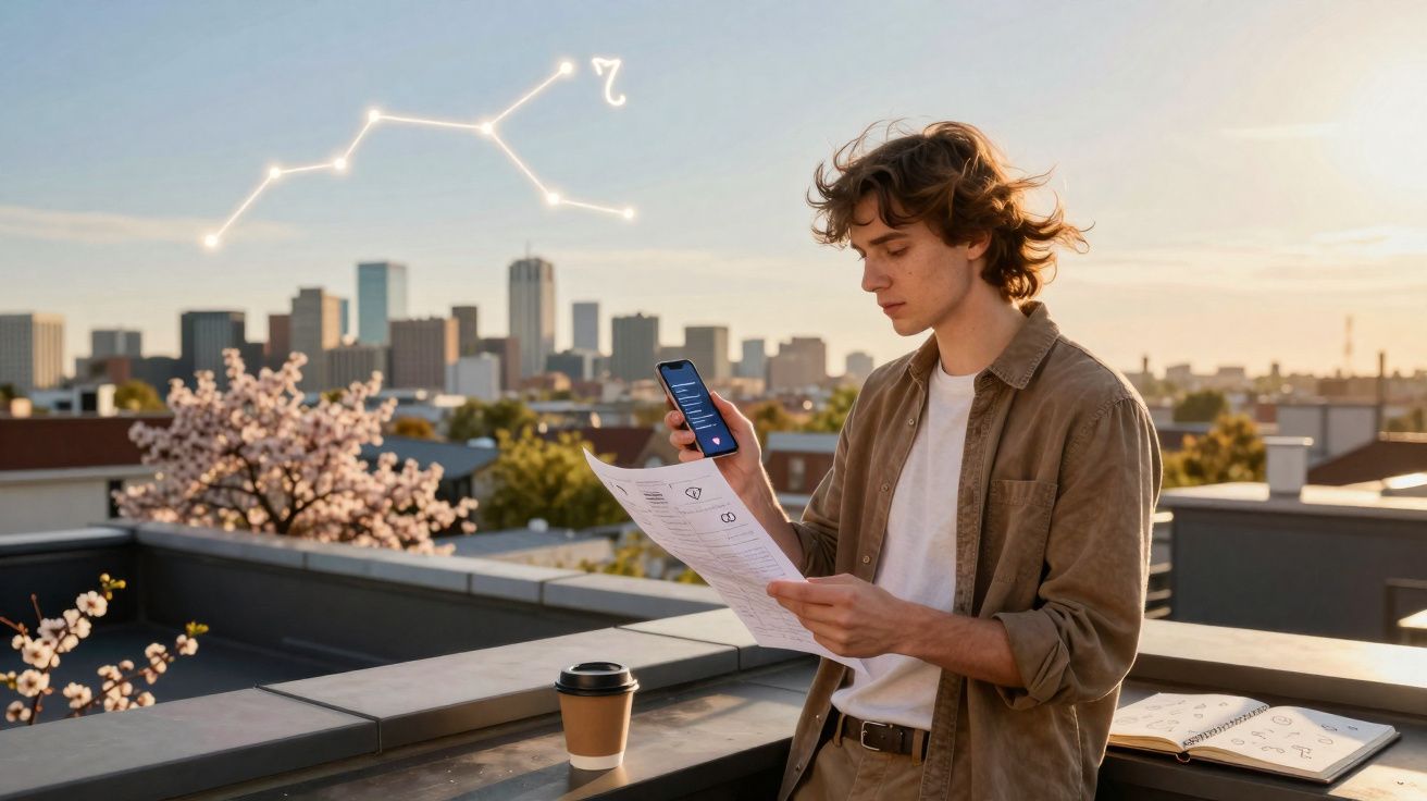 Jovem no terraço a analisar mapas e constelações no telemóvel ao pôr do sol numa cidade moderna.