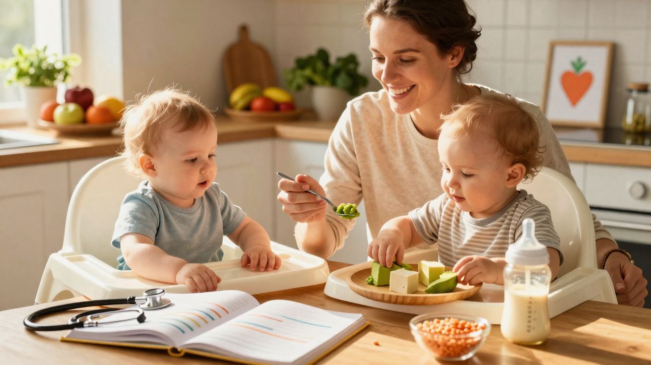 Mãe a alimentar gémeos bebés na cozinha, com alimentos saudáveis e uma garrafa de leite na mesa.