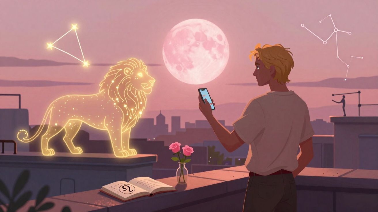 Pessoa observa a constelação de Leão brilhante em formato de leão, sob a lua cheia ao pôr do sol na cidade.