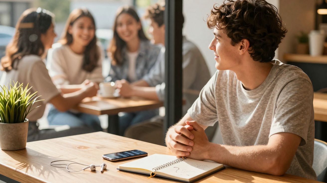 Jovem sentado à mesa com caderno, telemóvel e auriculares, olhando para um grupo de amigos conversando num café.