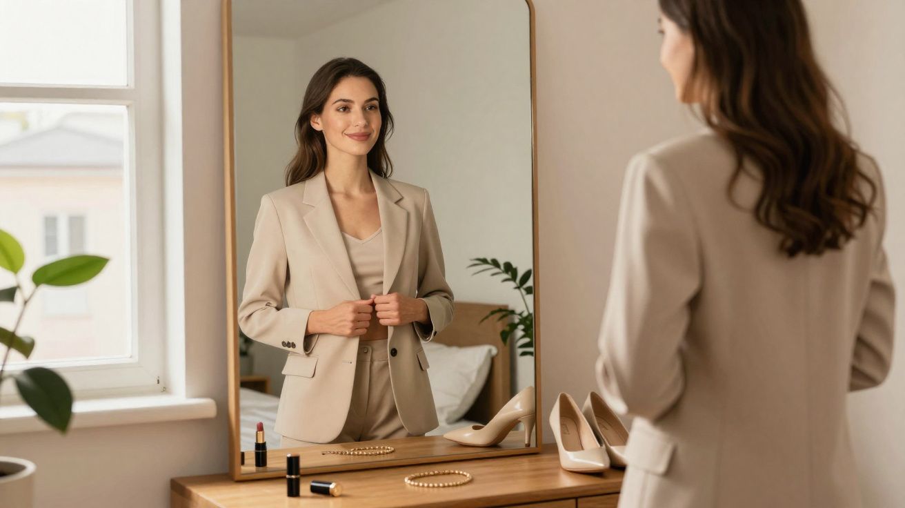 Mulher com fato bege a sorrir enquanto se olha ao espelho numa divisão iluminada e decorada.