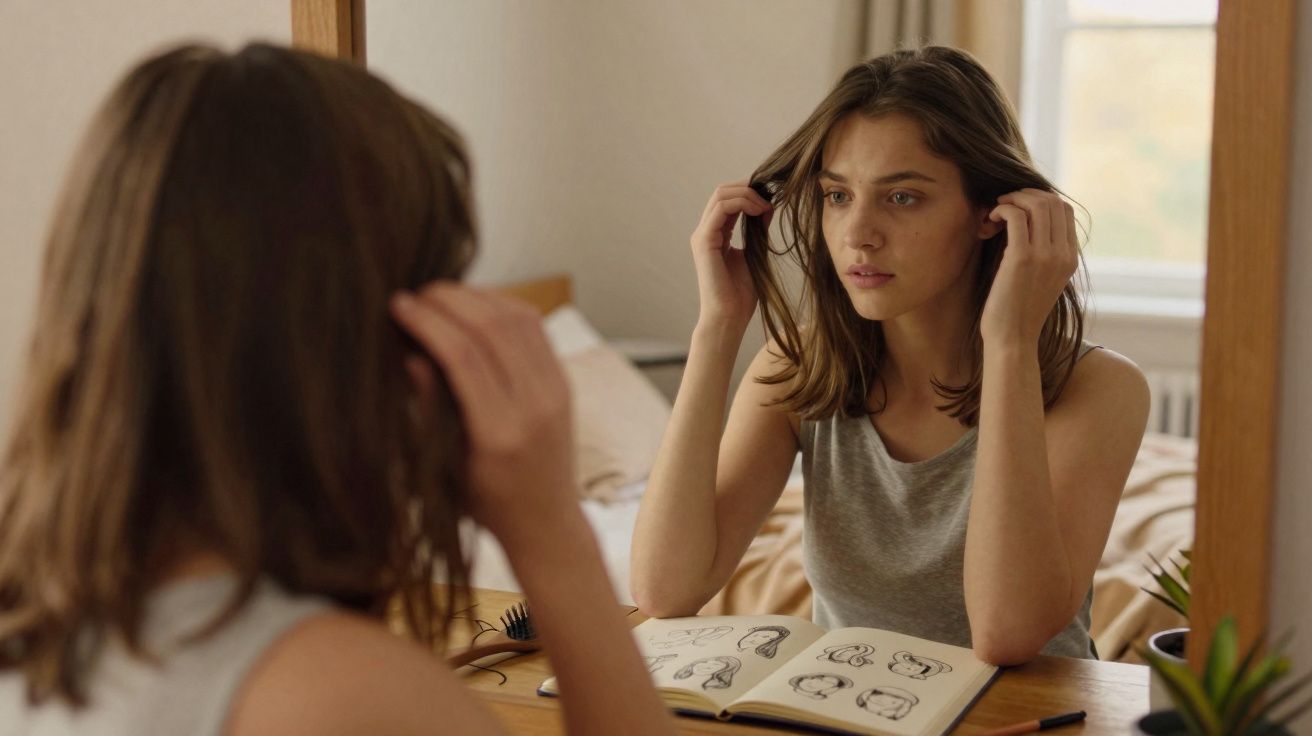 Mulher jovem a olhar para si mesma ao espelho enquanto segura o cabelo num quarto iluminado.