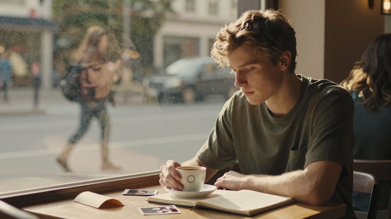 Jovem sentado junto à janela numa cafetaria, segurando uma chávena de café e a ler um livro aberto.