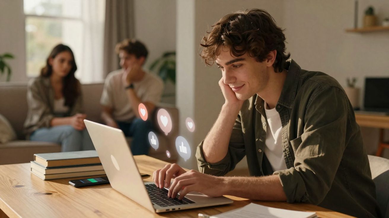 Jovem sorridente a usar portátil, com ícones de redes sociais em destaque na sala onde outras duas pessoas conversam.
