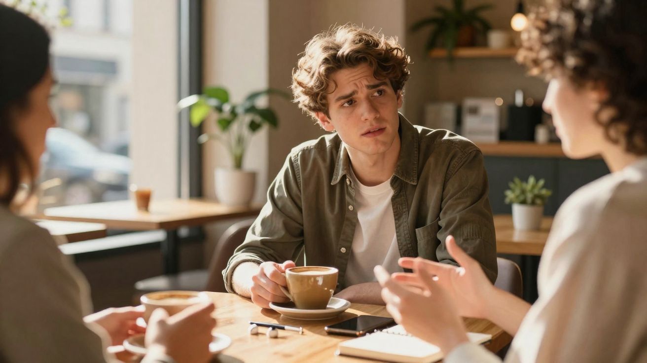 Jovem sentado numa mesa de café a ouvir atentamente duas pessoas que falam com gestos.