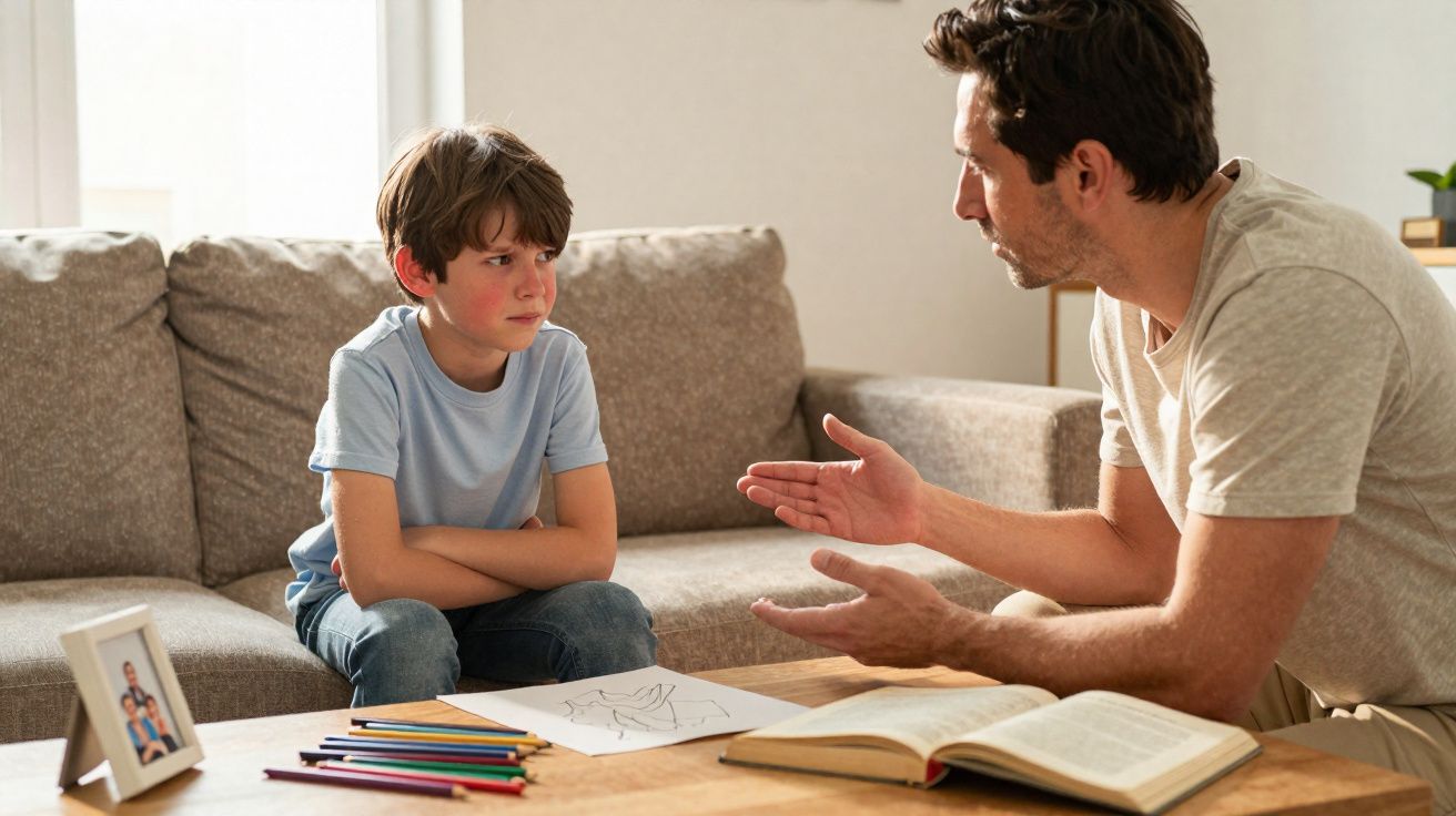Pai conversa seriamente com filho sentado no sofá, ao lado de livros e lápis de cor sobre a mesa.