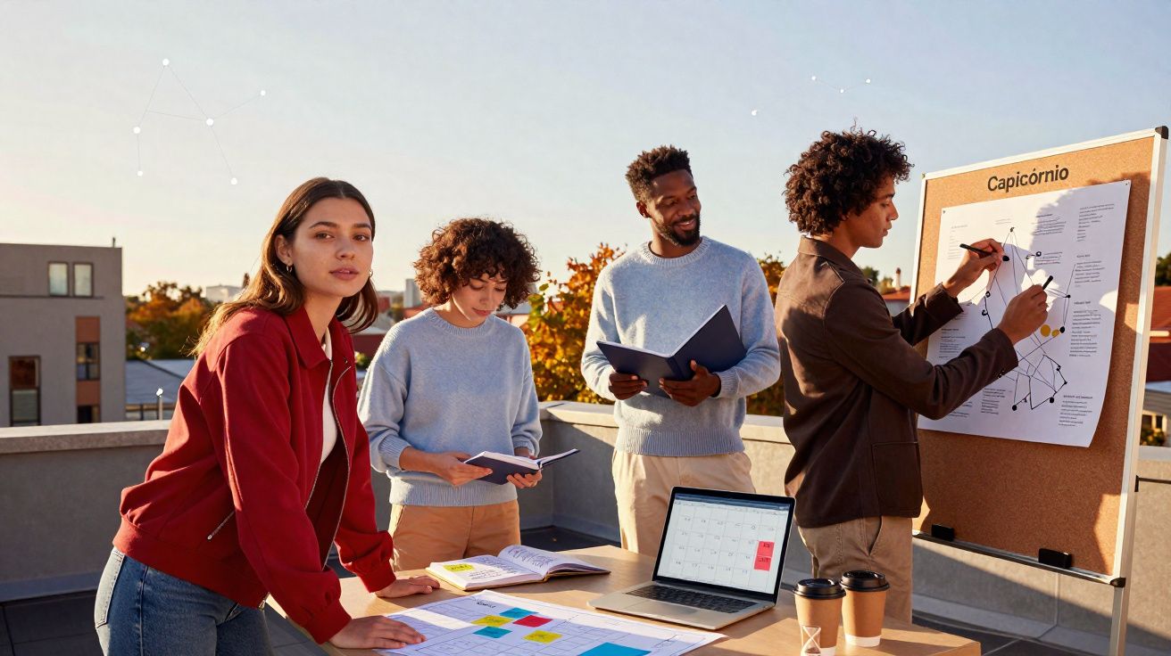 Grupo multidisciplinar a trabalhar em projeto ao ar livre com quadros e laptop numa varanda urbana.