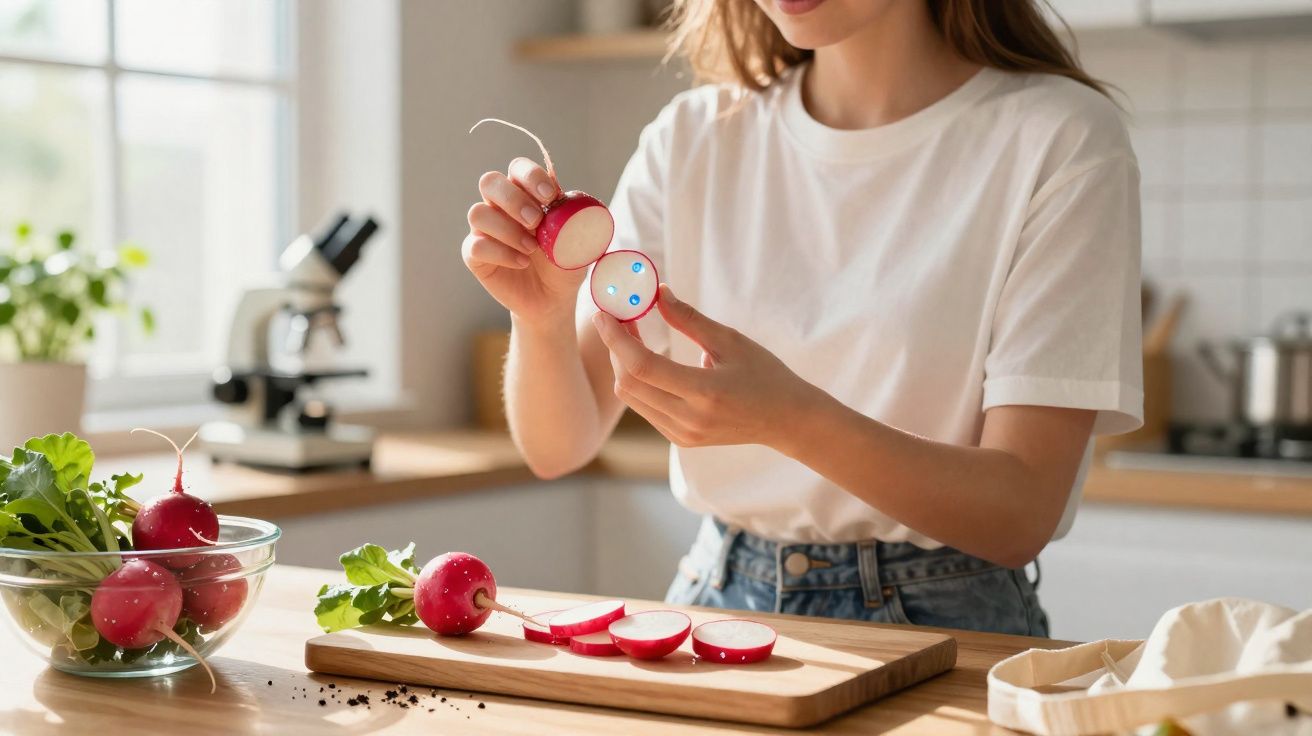 Mulher a cortar rabanetes frescos numa tábua de madeira numa cozinha luminosa.
