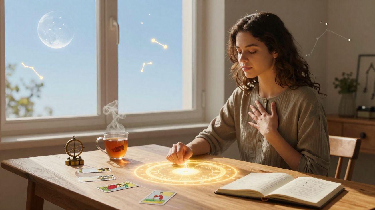 Mulher com olhos fechados usa cartas de tarô, círculo místico e constelações numa mesa perto da janela.