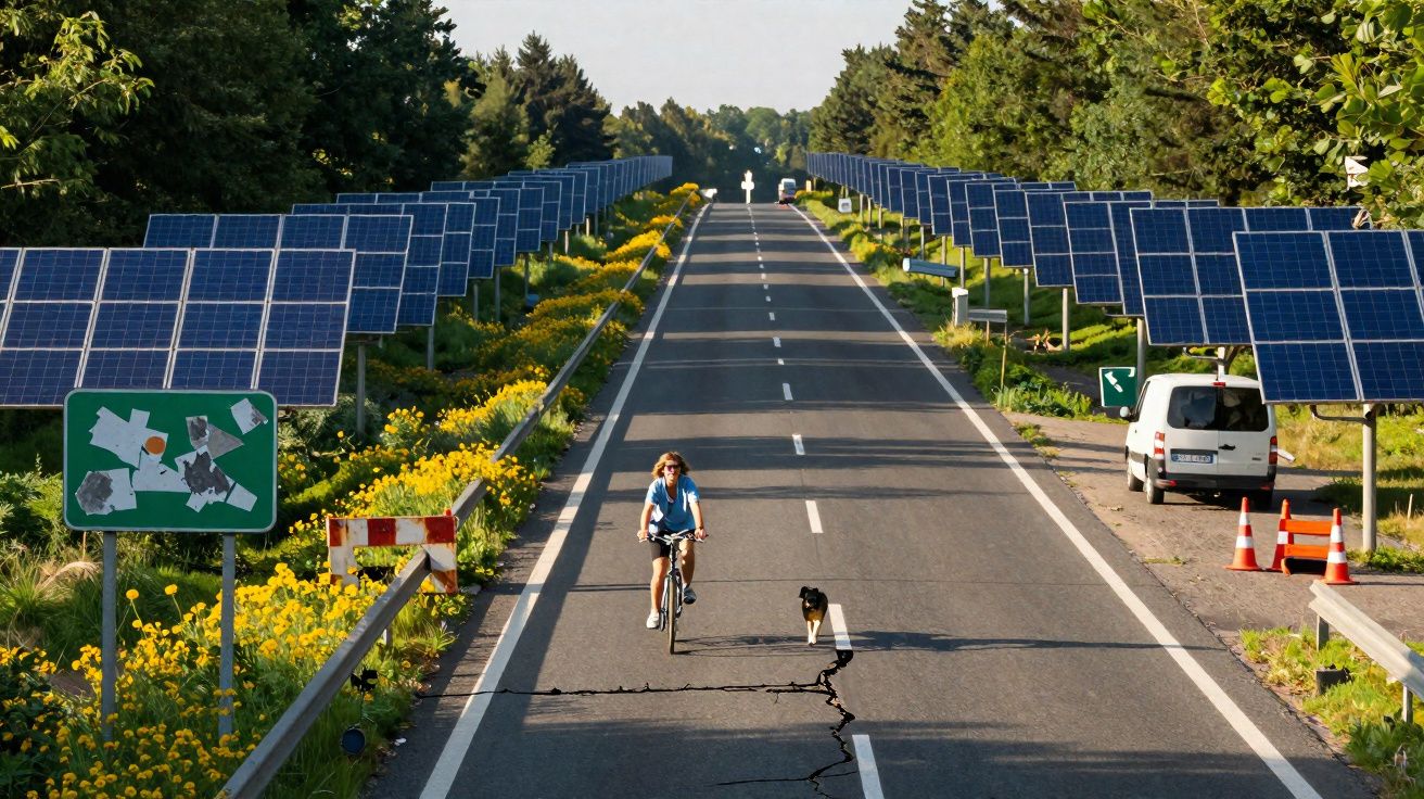 Estrada com painéis solares em ambos os lados, ciclista e cão a passear, carro estacionado e vegetação ao redor.