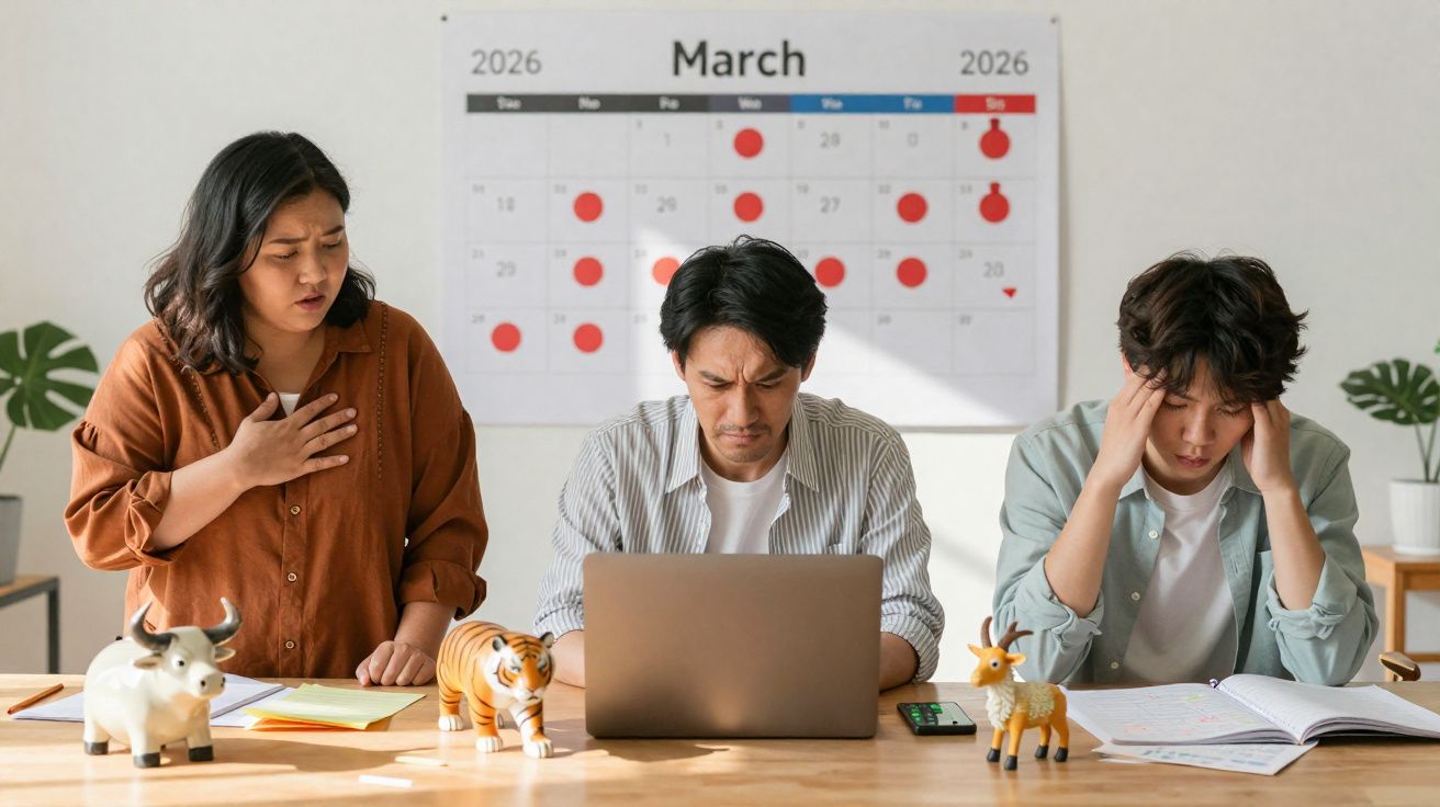 Três pessoas preocupadas sentadas à mesa com computador e livros, calendário de março 2026 ao fundo.