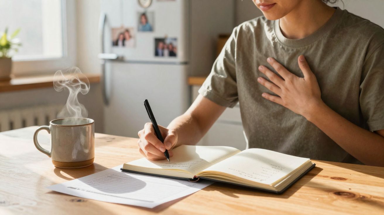 Pessoa a escrever num caderno, com uma chávena de bebida quente e uma folha de papel numa mesa de madeira.