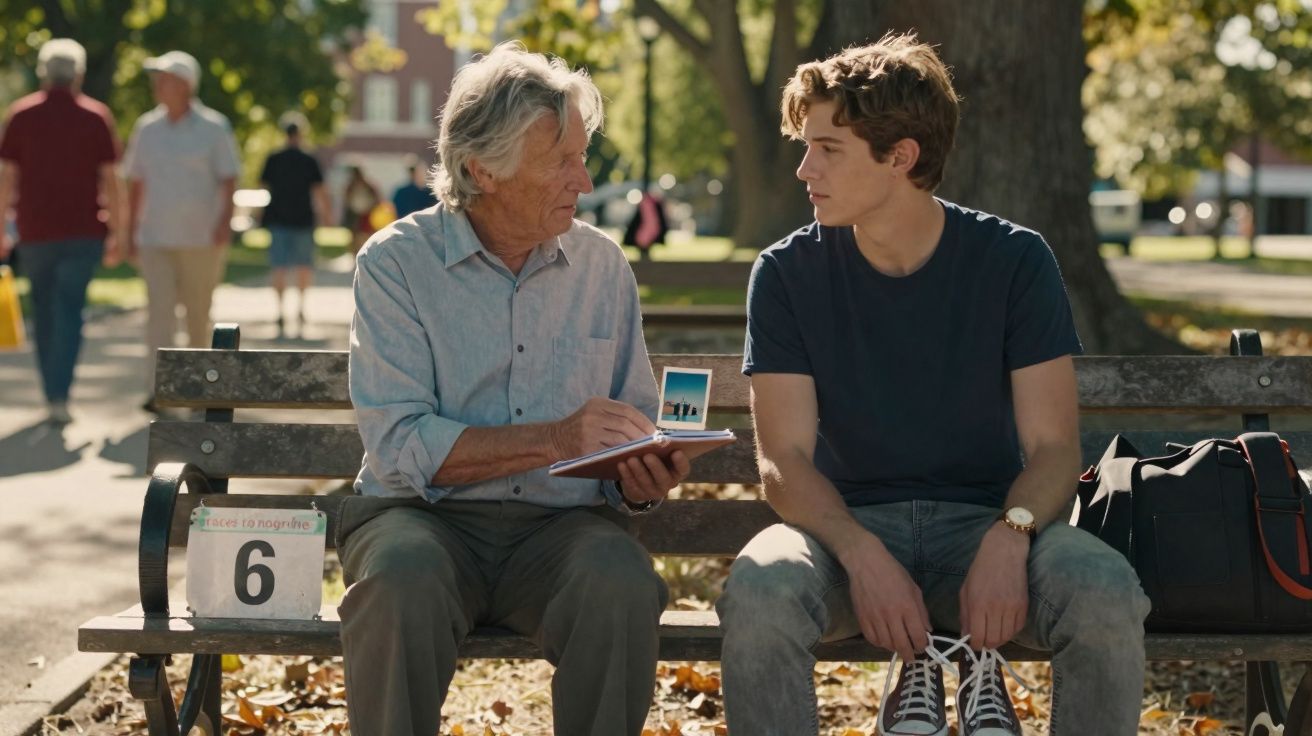 Homem idoso e jovem conversam sentados num banco de jardim, com mochila e luz solar ao fundo.