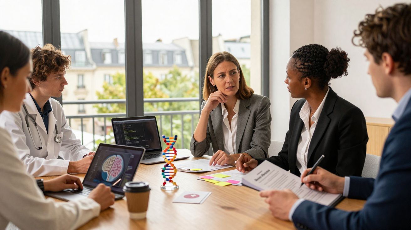 Grupo de profissionais em reunião, com laptops e modelo de DNA numa sala iluminada.