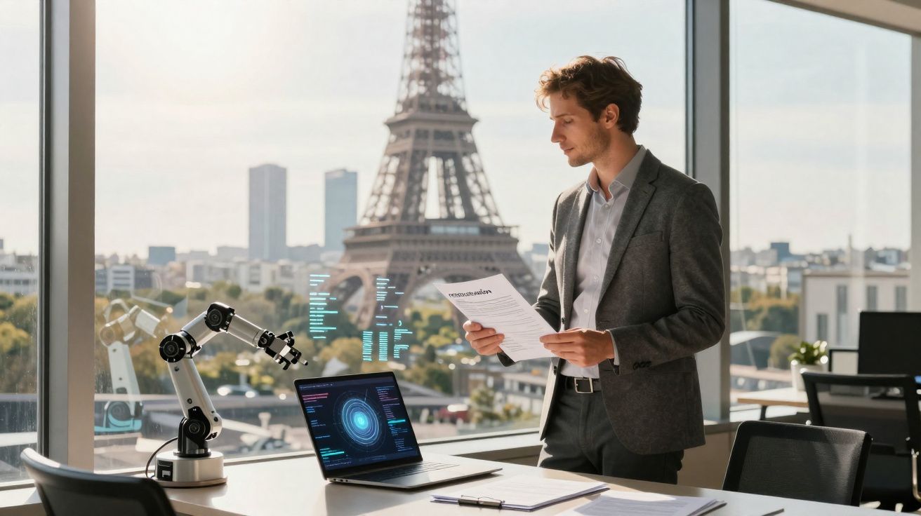 Homem de negócios a analisar documentos num escritório com vista para a Torre Eiffel em Paris.