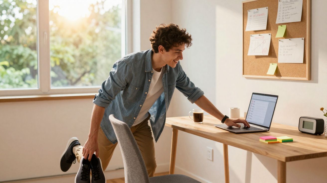 Jovem a alongar a perna enquanto segura os ténis, perto de secretária com computador portátil e notas na parede.