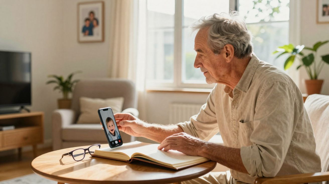 Idoso sentado à mesa a fazer videochamada com criança num smartphone, com livro aberto e óculos próximos.