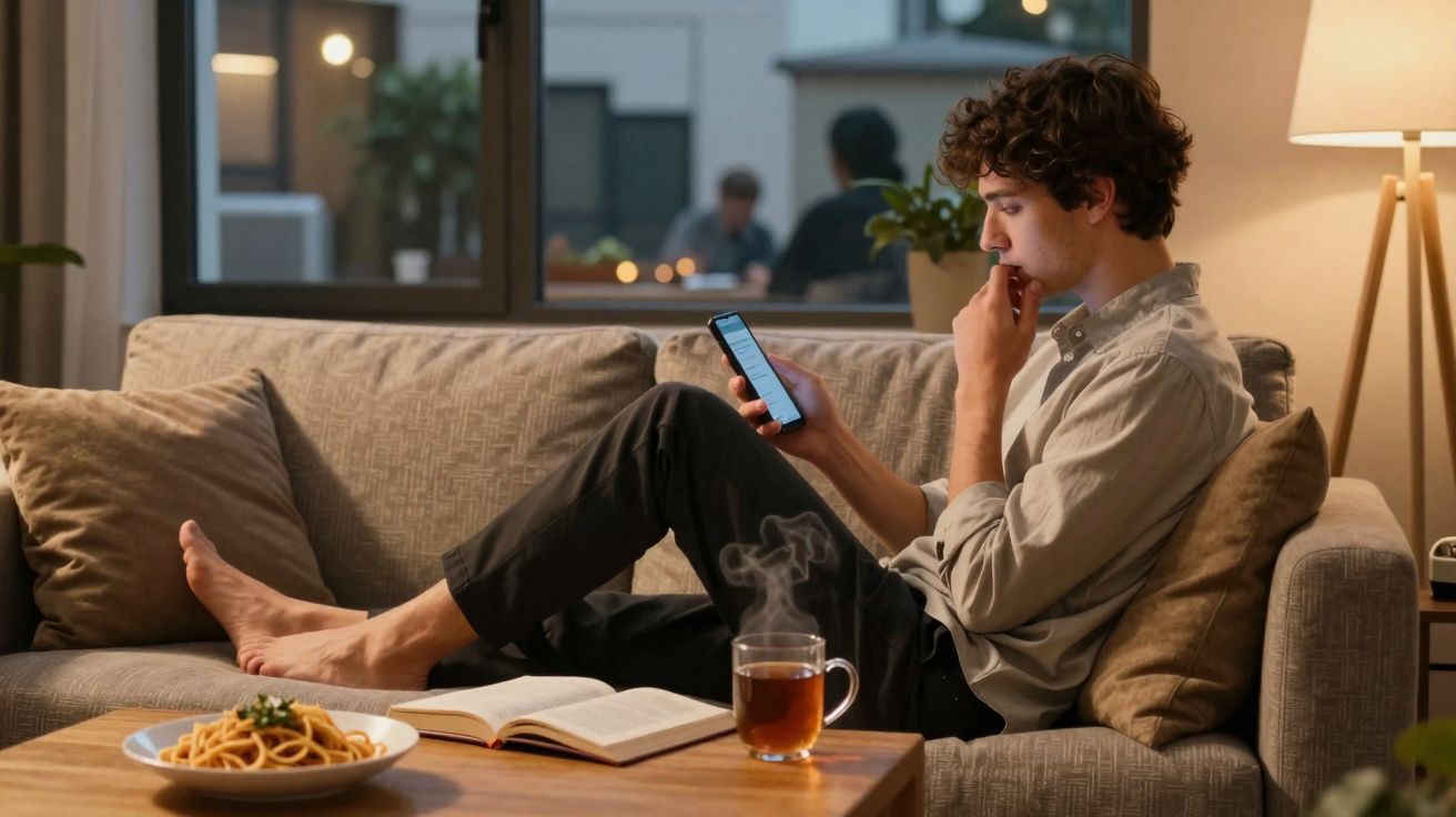 Homem sentado no sofá a olhar para o telemóvel, com um livro aberto, chá quente e prato de esparguete na mesa.