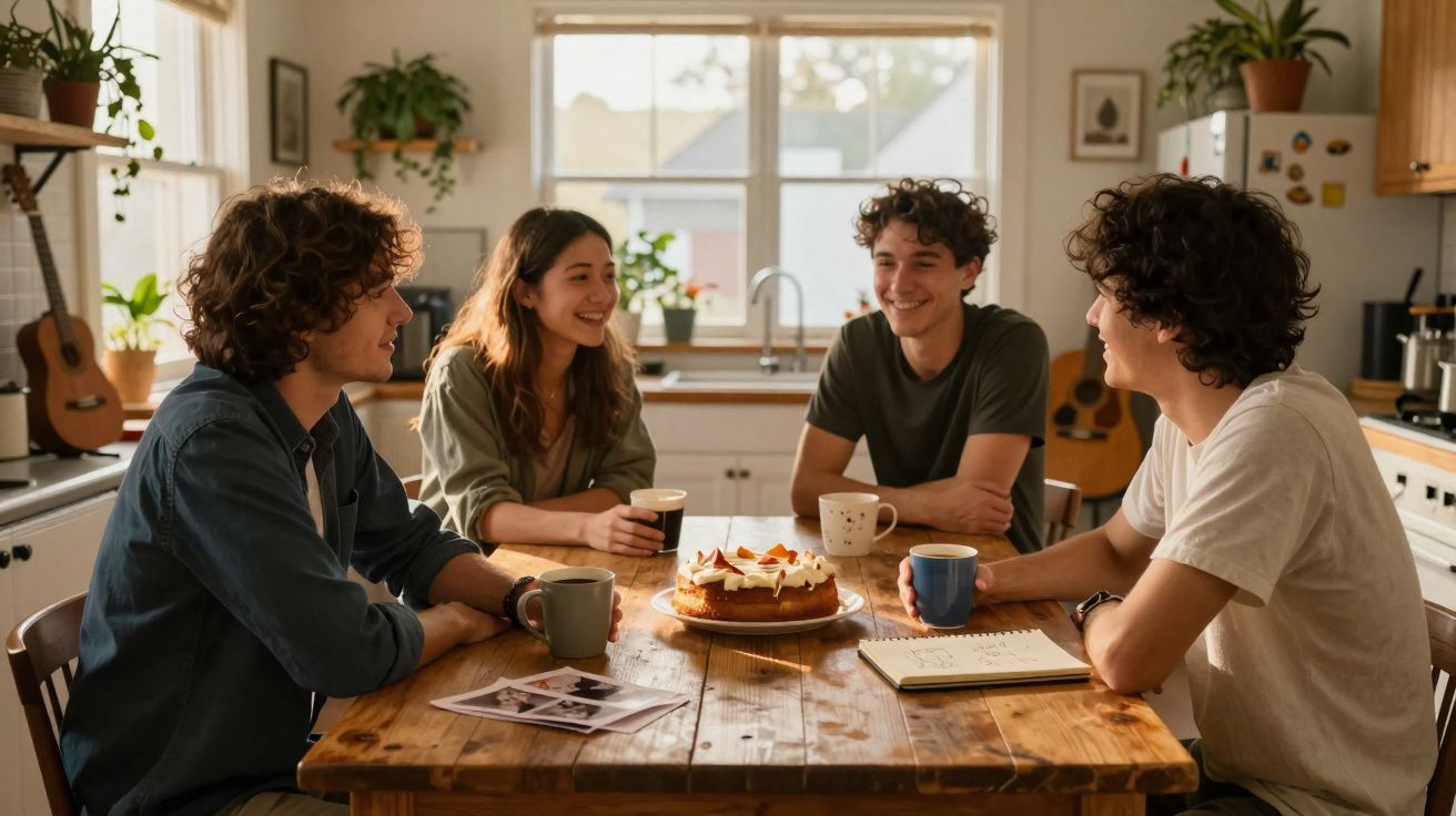 Quatro jovens sentados à mesa de cozinha com bolo e bebidas, a conversar e sorrir.