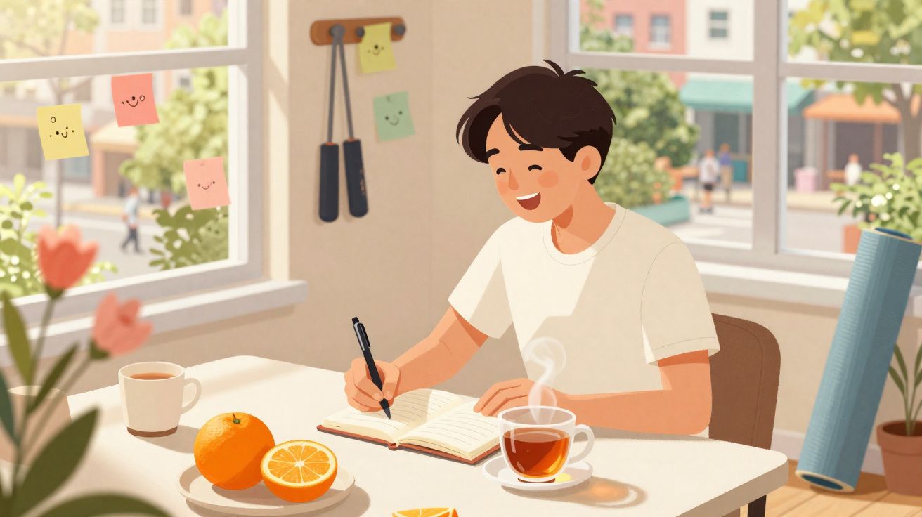 Pessoa a sorrir a escrever num caderno, com chá quente, laranja e ambiente luminoso com janelas grandes.