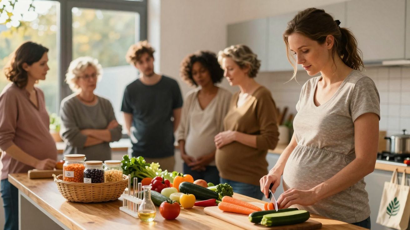 Grupo de grávidas com alimentação saudável preparando legumes numa cozinha moderna.