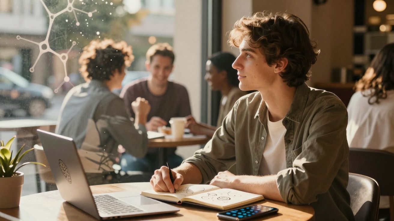 Jovem a desenhar num caderno com portátil e telemóvel numa mesa de café iluminada pela luz natural.