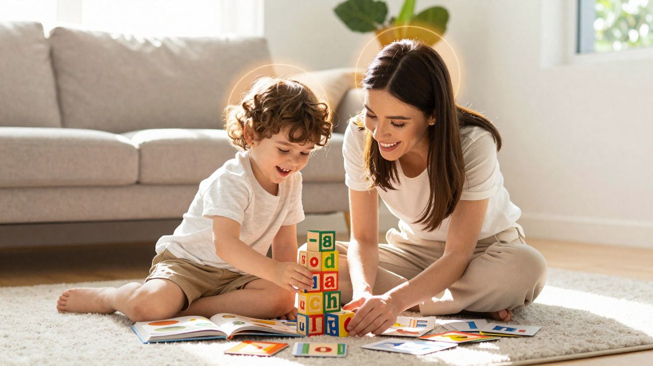 Criança e mulher sentados no chão a construir torre com blocos de letras coloridas numa sala iluminada.