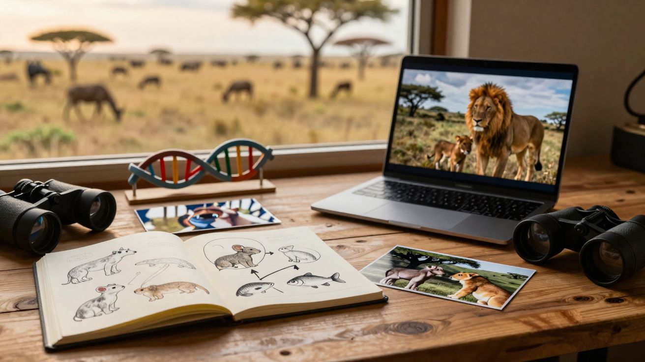 Mesa com material de estudo da vida selvagem, computador com fotos de leões, binóculos e caderno com ilustrações de animais.