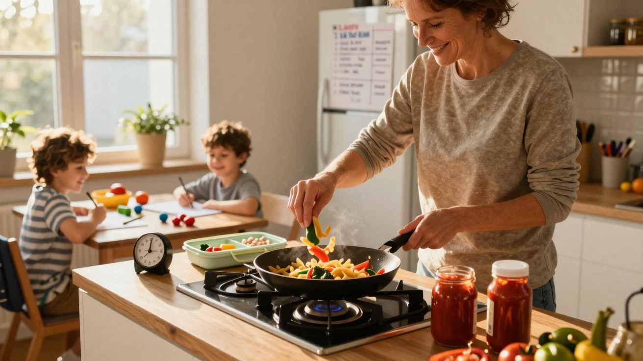Mulher cozinha legumes numa frigideira enquanto duas crianças desenham na mesa da cozinha iluminada.