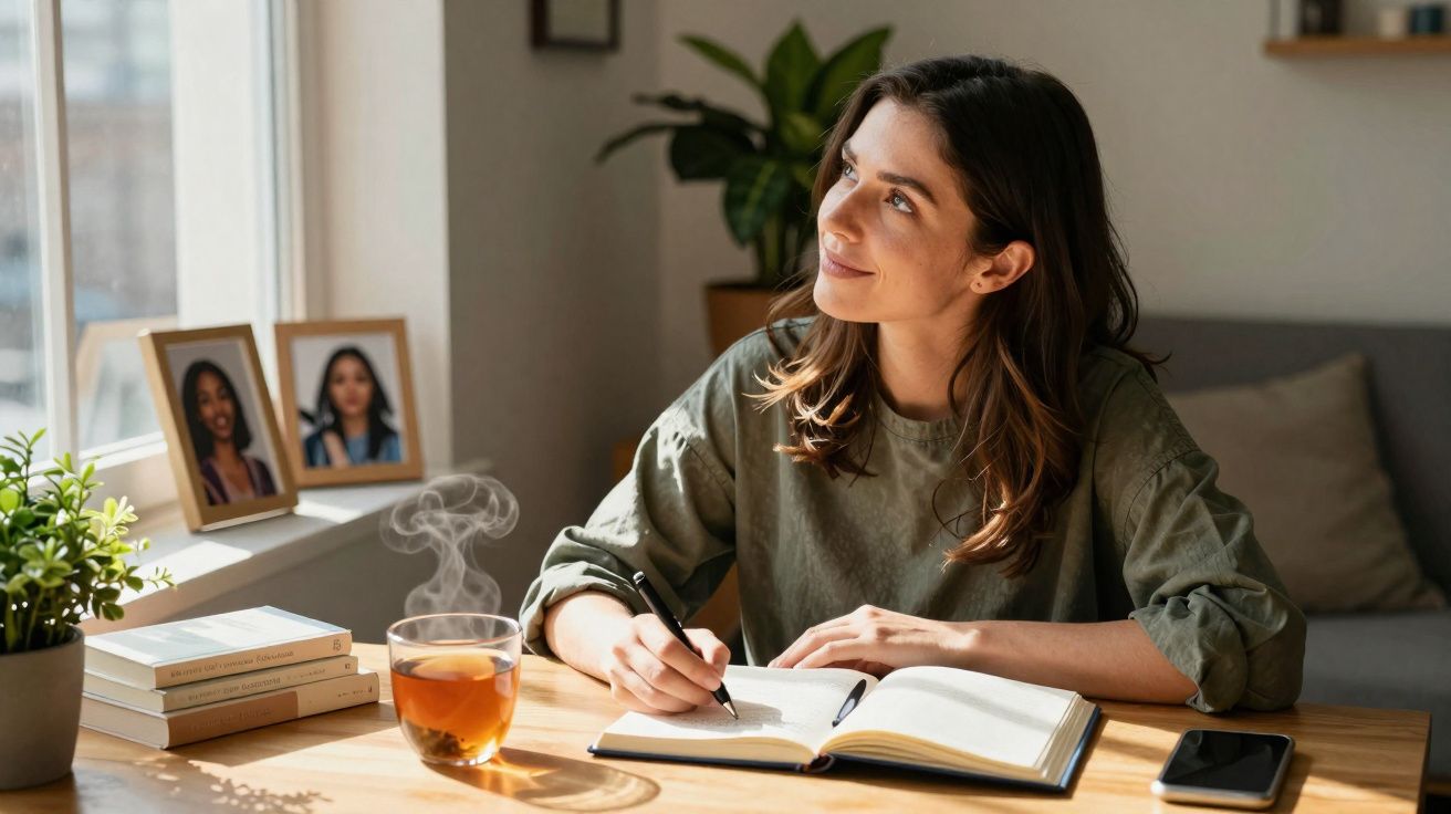 Mulher sorridente a escrever num caderno à mesa com chá quente e livros num ambiente luminoso e acolhedor.