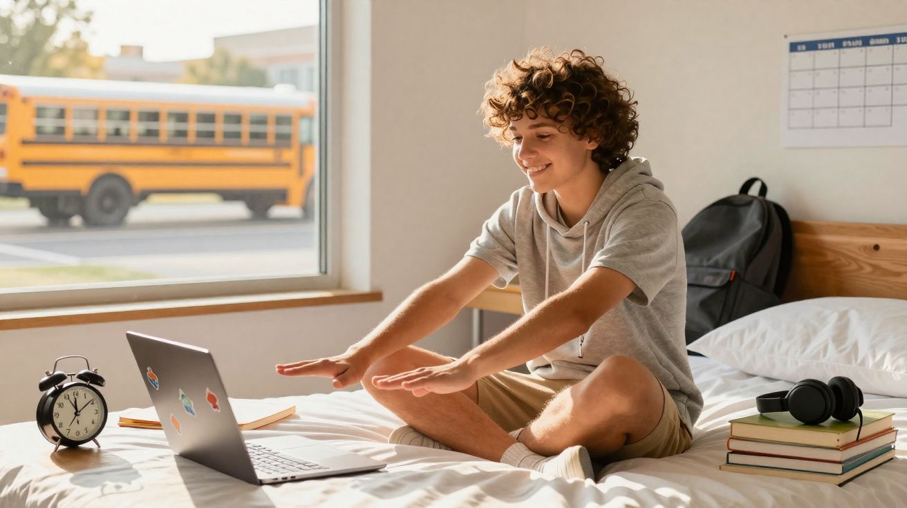 Adolescente sentado na cama a esticar os braços para o computador portátil num quarto iluminado pela manhã.