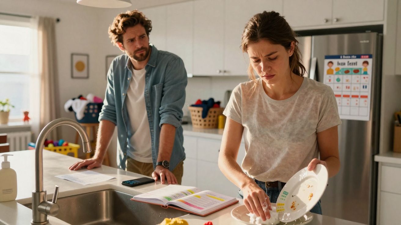 Mulher a lavar loiça na cozinha com expressão triste enquanto homem observa preocupado.