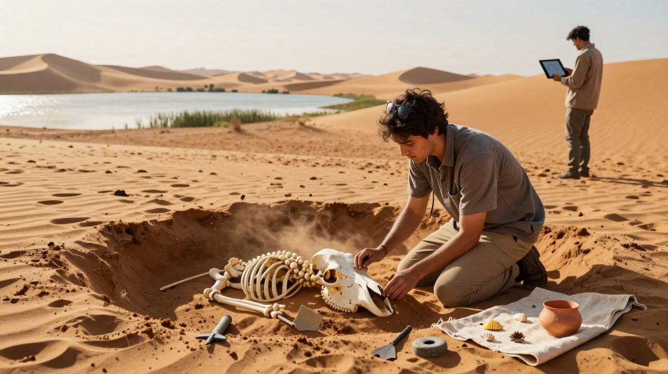 Dois arqueólogos escavam e estudam um esqueleto animal no deserto próximo a um lago.