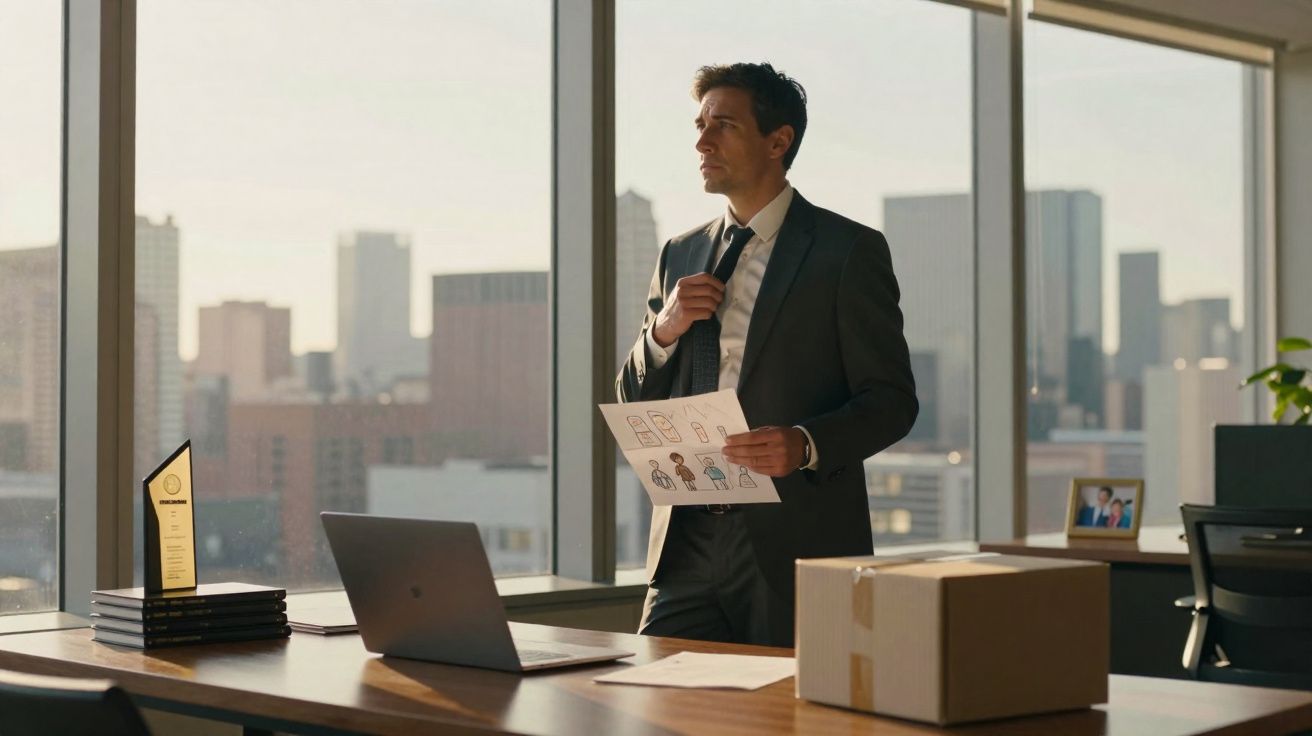 Homem de fato em escritório moderno olha para a janela segurando papel com desenhos, perto de computador e caixa.