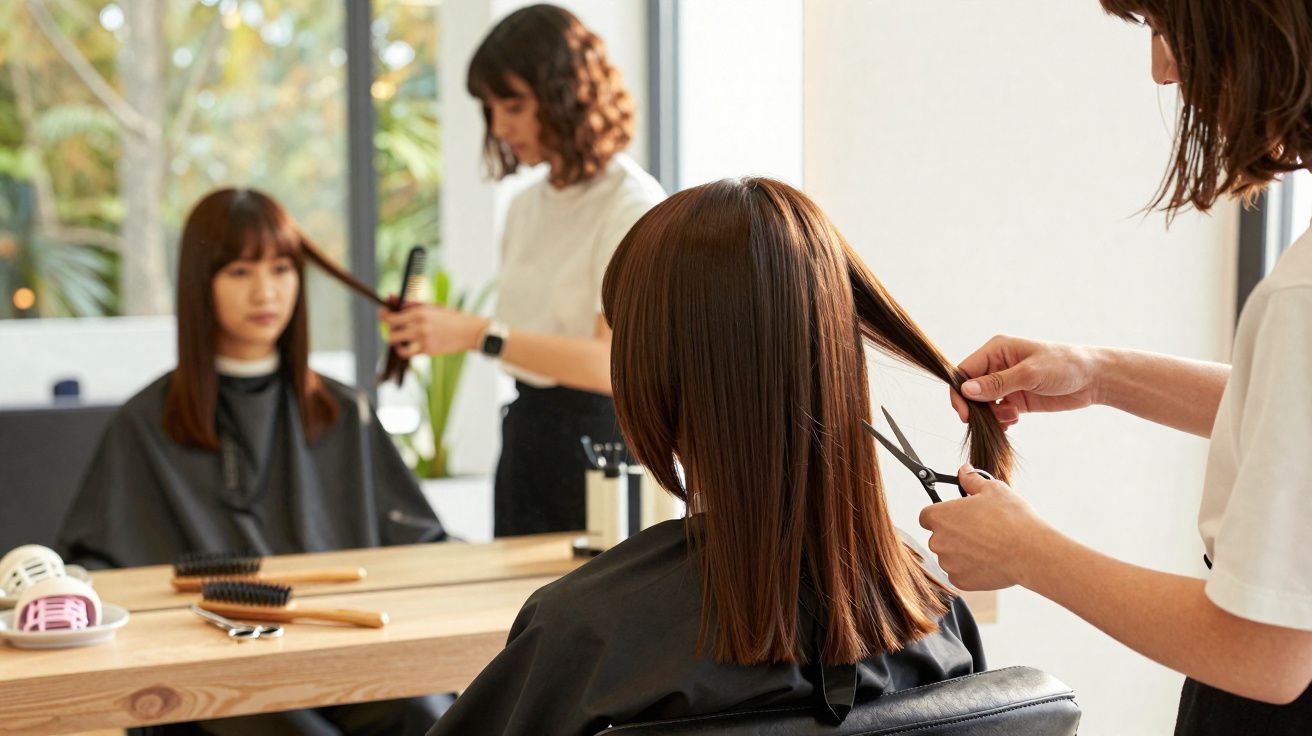Mulher a cortar cabelo de cliente com cabelos castanhos lisos num salão de beleza moderno.
